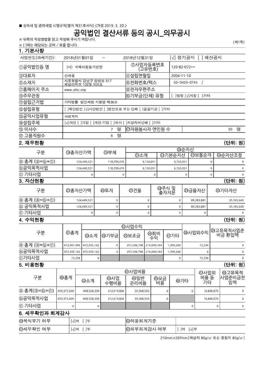 2018년도 재정보고 — 공시 서류 1쪽