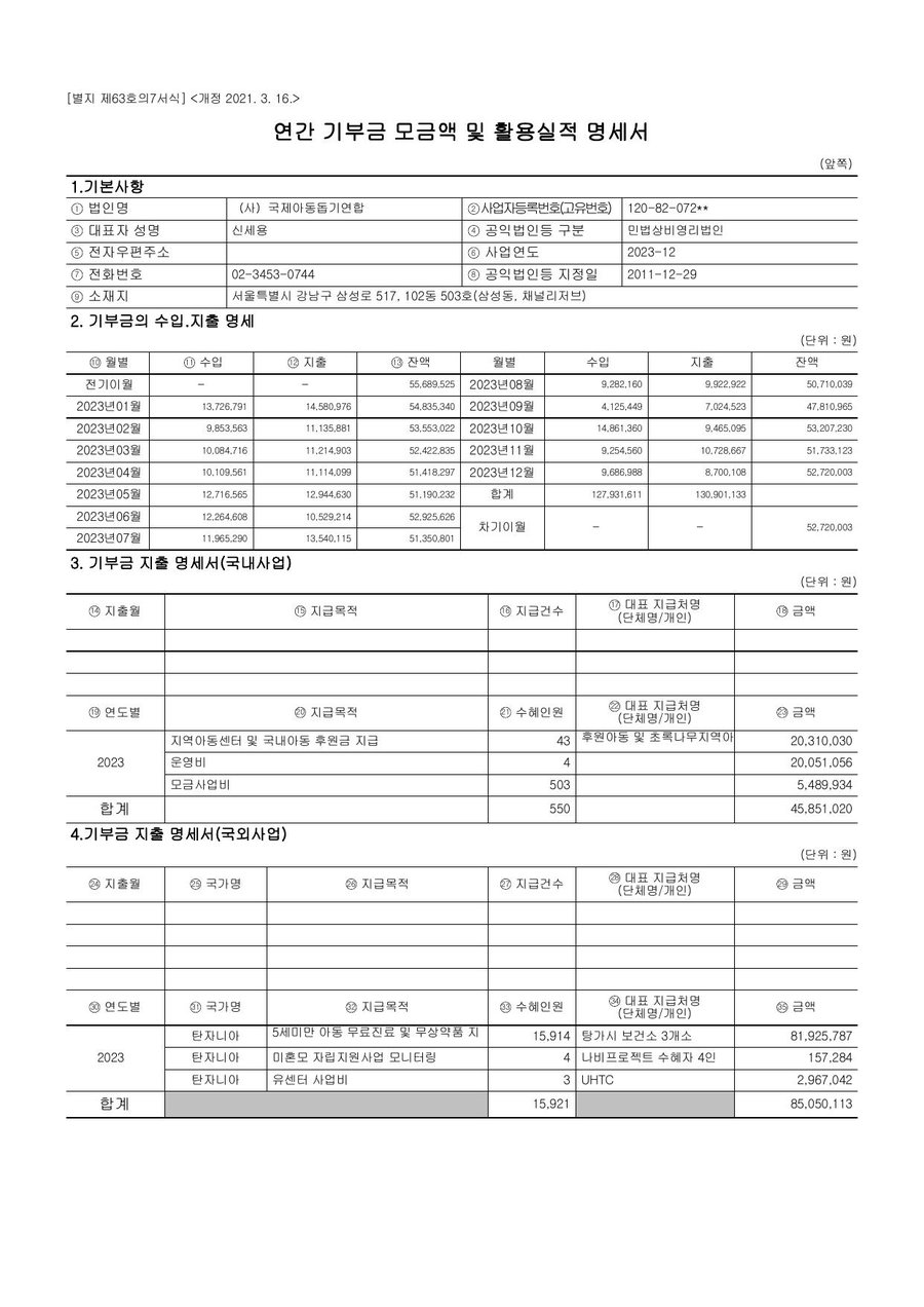 2023년도 재정보고 — 연간 기부금 모금액 및 활용실적 명세서 1쪽